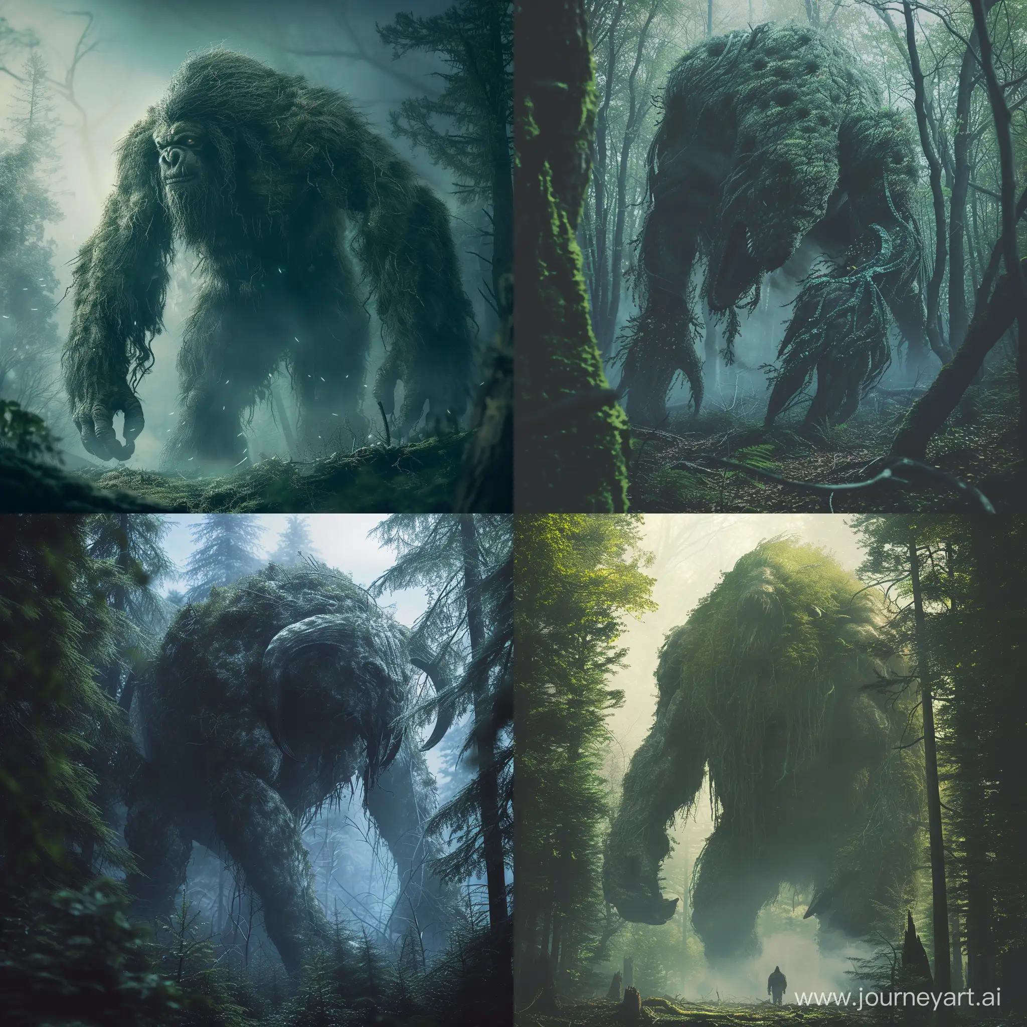 sebuah foto realistis, makhluk mitologi kuno yang hidup di pelosok hutan, tubuh besar seperti raksasa, hutan lebat yang dingin
