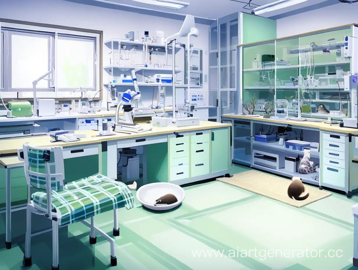 Research zoology lab room with a plaid cot and animal bowl on the floor