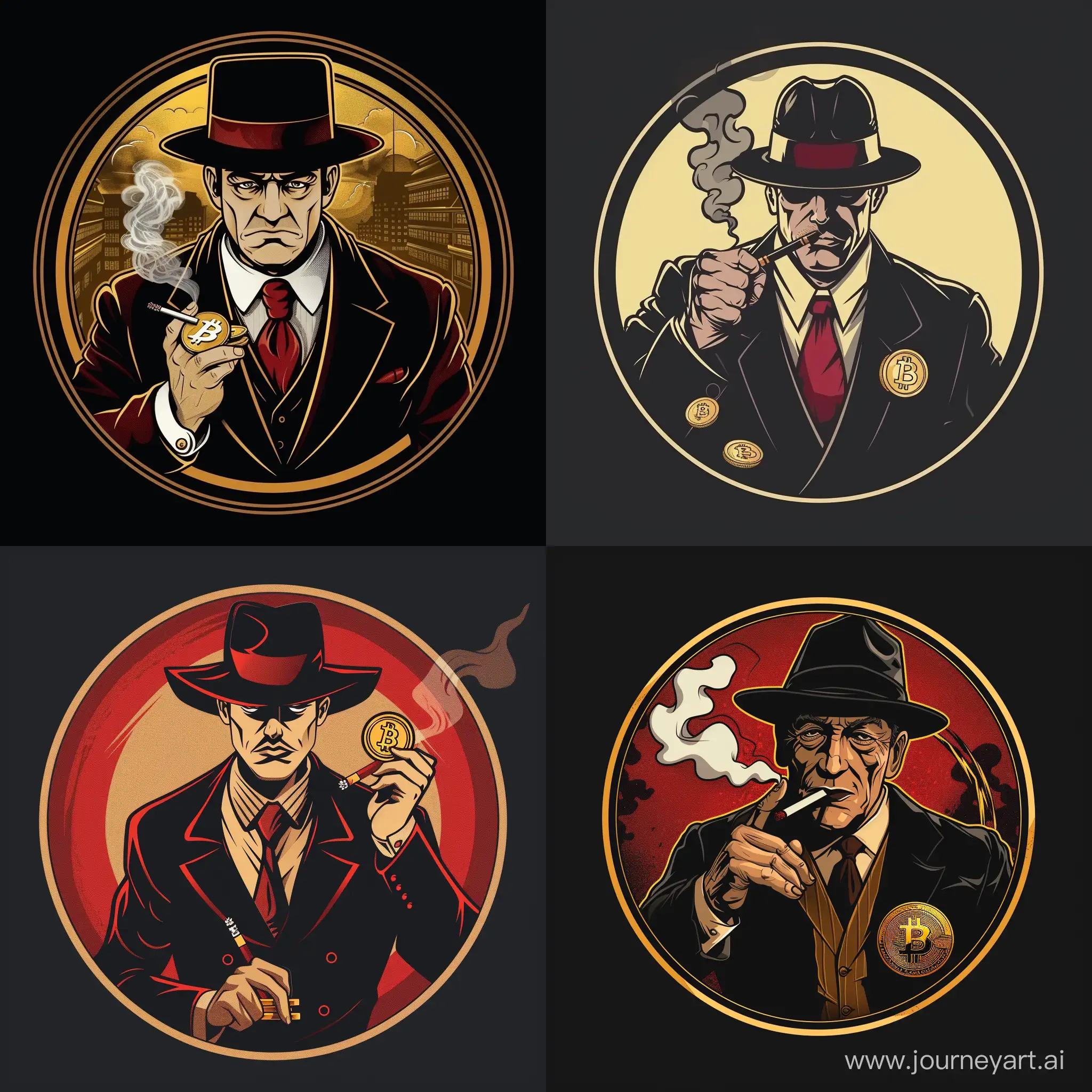 anime design, circle logo shows mafia boss holding a betcoin, smoking