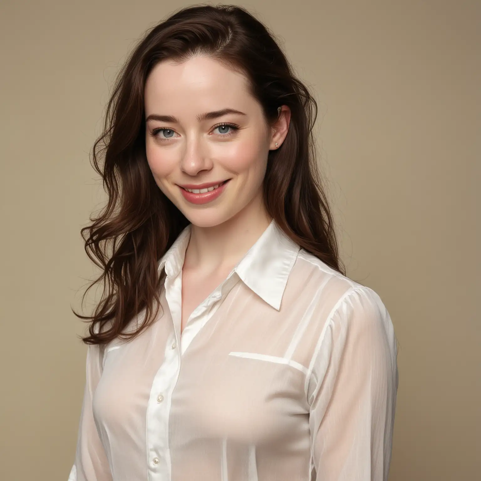 ultra realistic Anna Popplewell chemise manche longues en soie ivoire ID photo with a smile