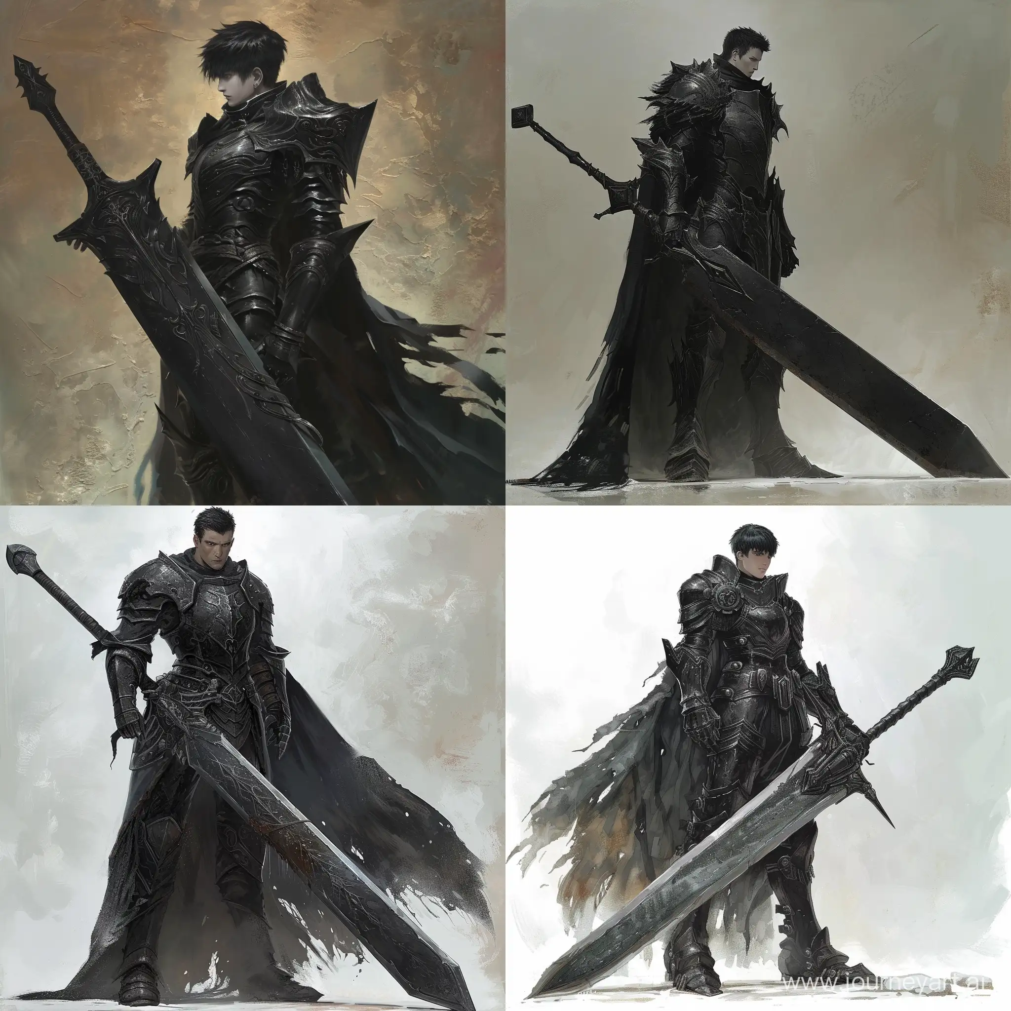 Рыцарь в чёрных доспехах, с длинным и огромным мечом, с черными короткими волосами dark fantasy art