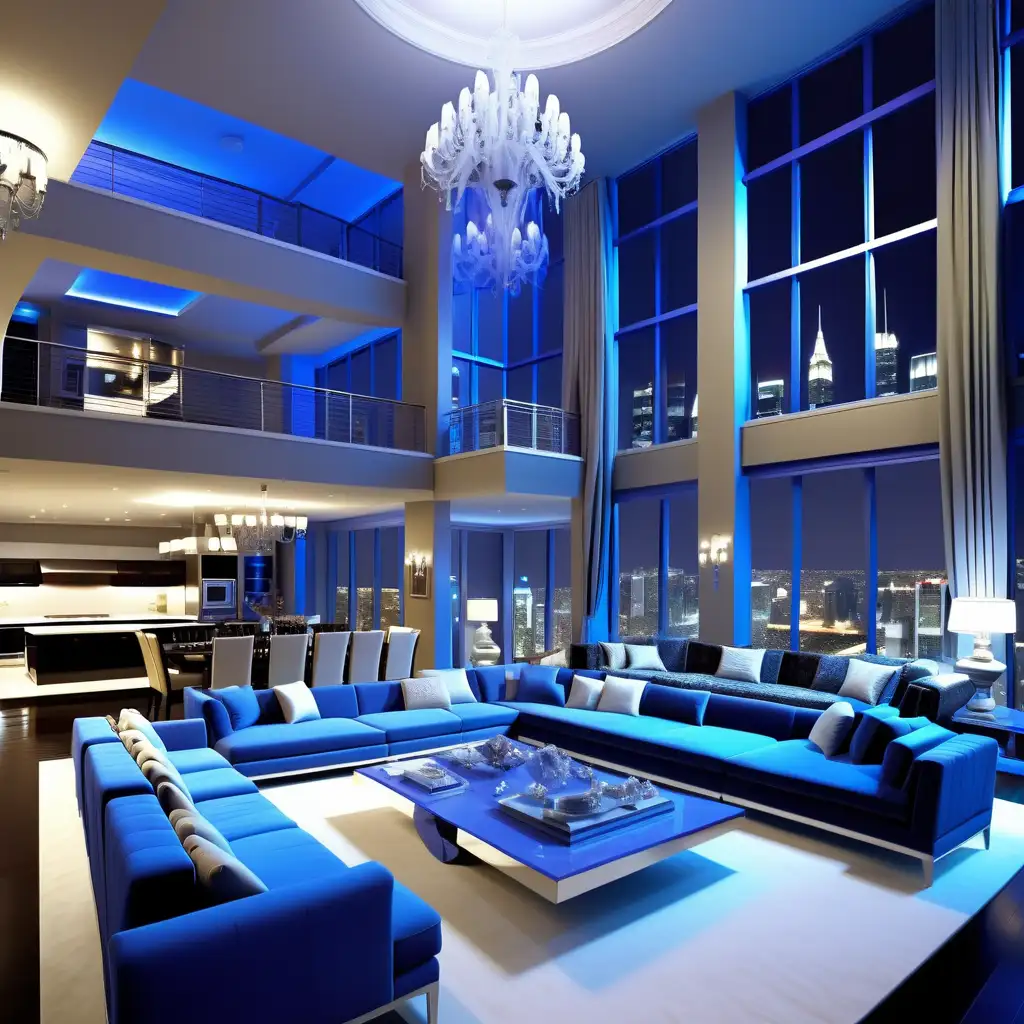 Luxurious gigantic penthouse blue living room in a city night 