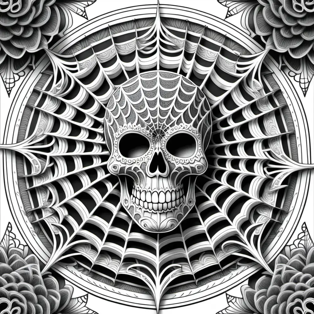 Intricate Black and White Mandala with Spiderweb and Candy Skull Detailing