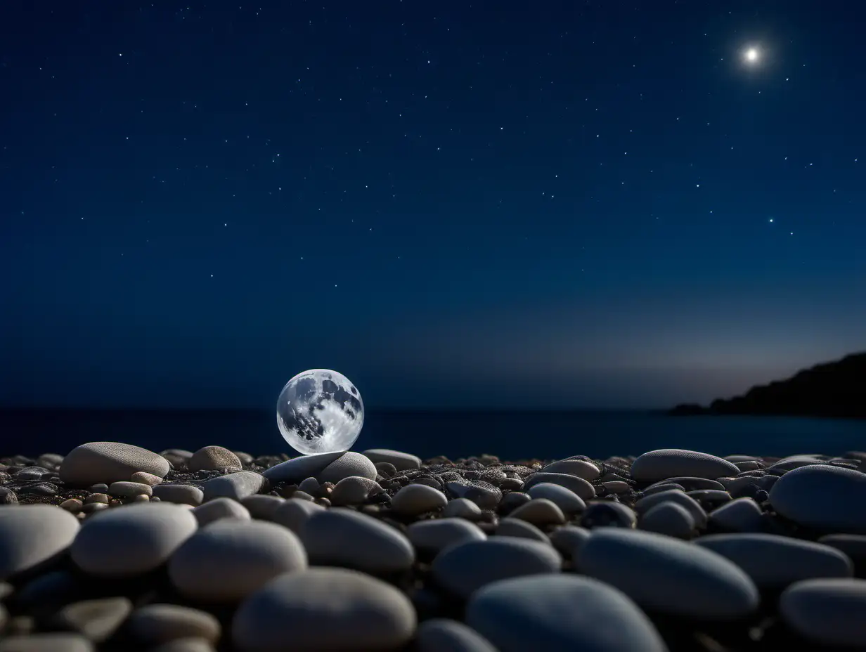 Ciel étoilé et lune brillante vues à travers un galet transparent 

