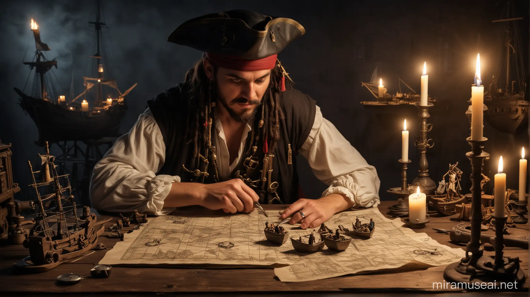 A pirate plotting a course for his pirate ship in a dark room under candle light using a compass, ruler and miniature ships