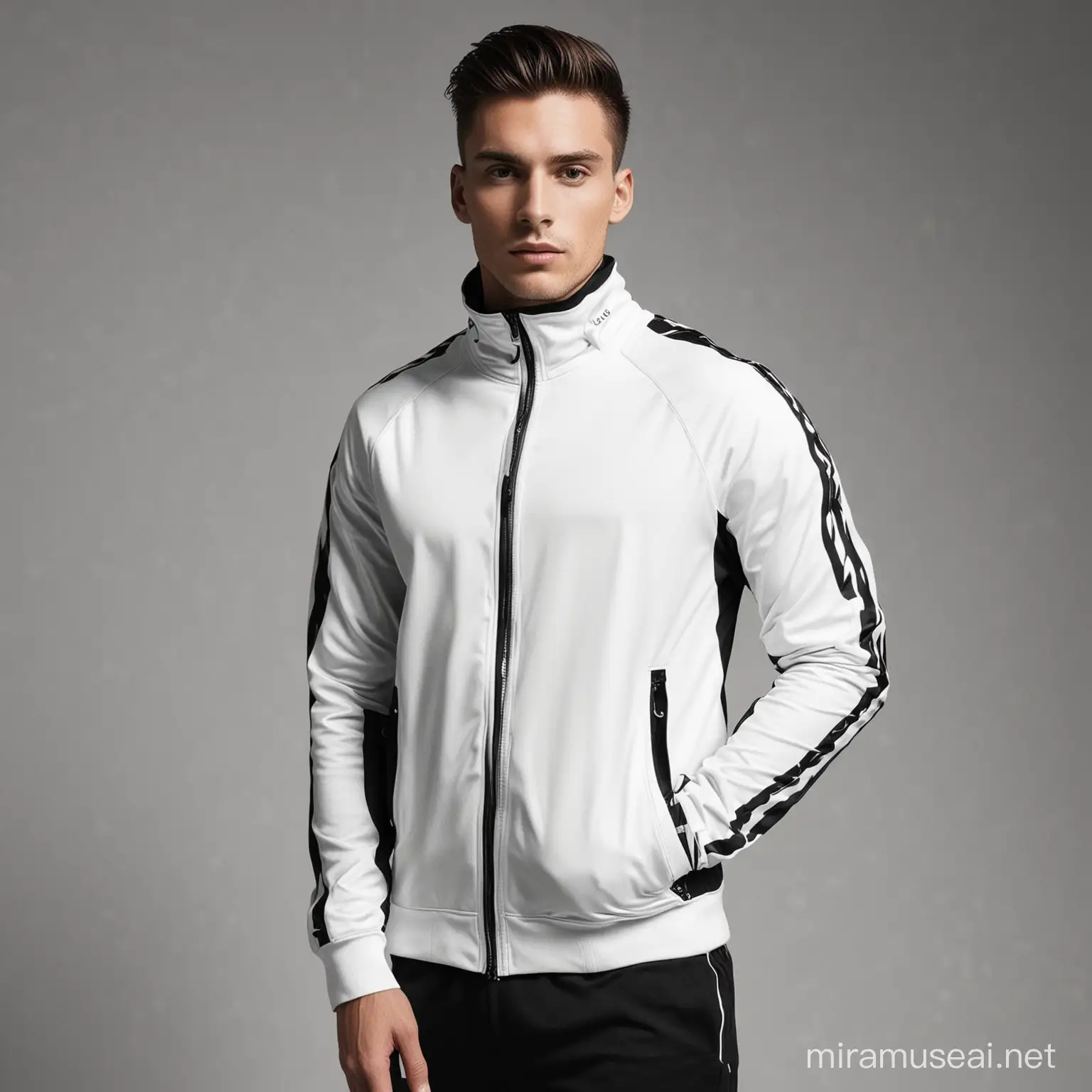 create turtle neck sports jacket in black  and white colors. male model

