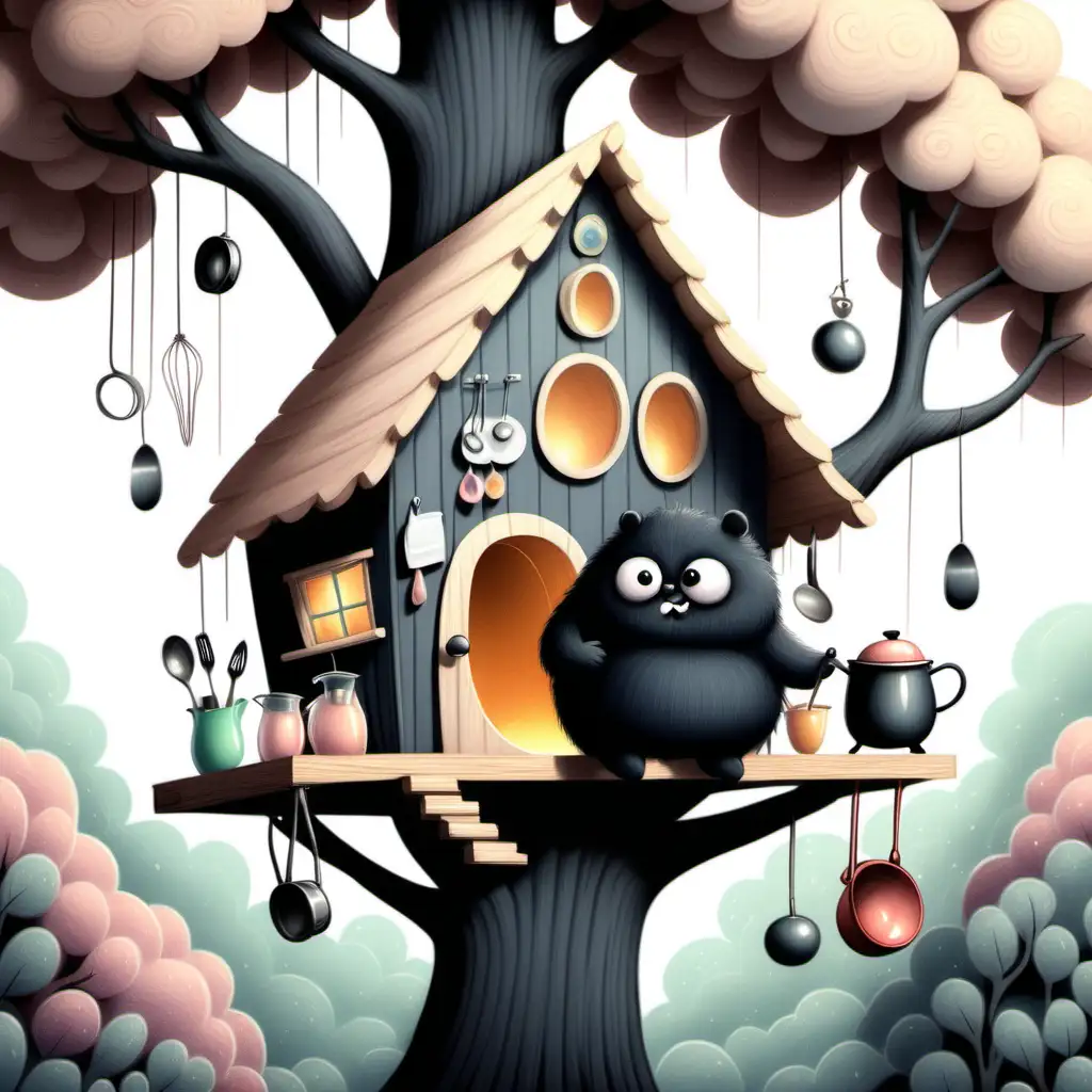 Whimsical art, hand drawing.  fluffy black being with fat body and ( cute) funny large and wonky eyes, cooking dinner inside a tree house.. pastel colors, whimsical