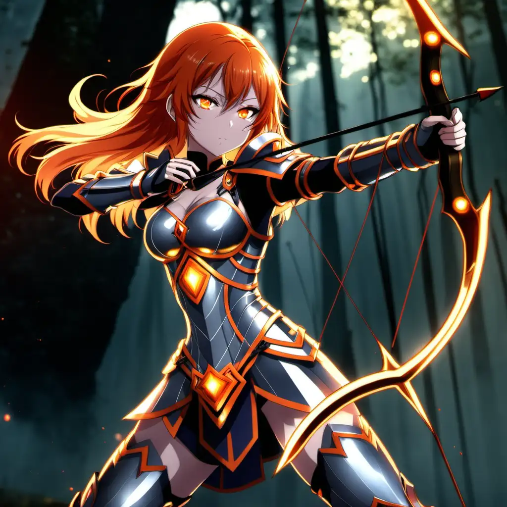 anime girl, aura, orange hair, glowing eyes, bow and arrow, full plate armor