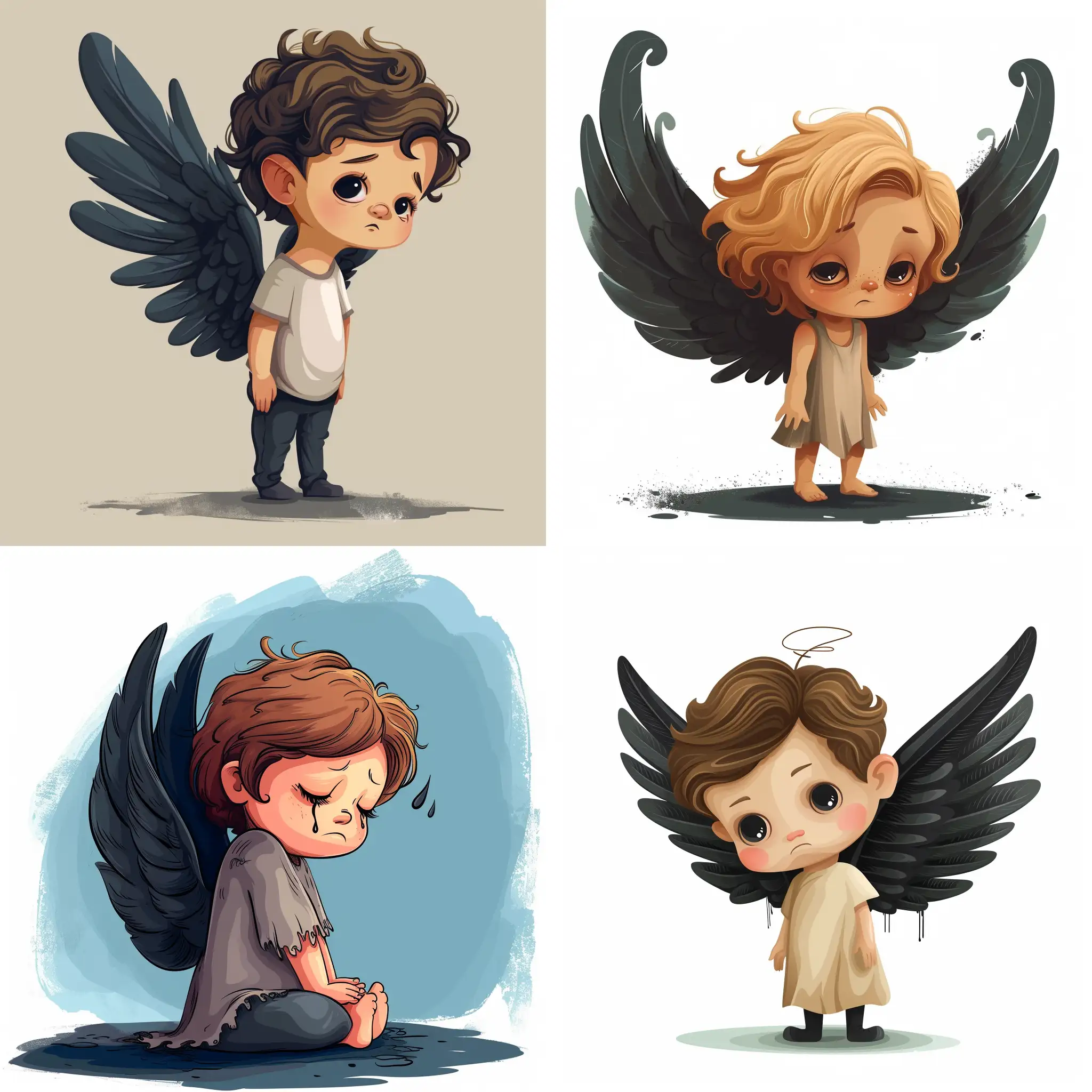 Sad little cartoon angel with black wings