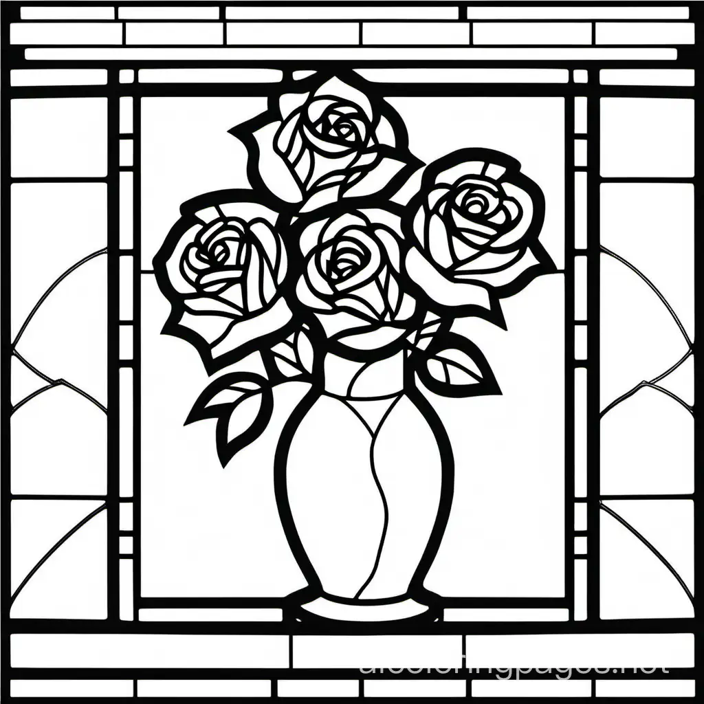 simple black and white stained-glass drawing of 3 roses in a vase, Coloring Page, black and white, line art, white background, Simplicity, Ample White Space. The background of the coloring page is plain white to make it easy for young children to color within the lines. The outlines of all the subjects are easy to distinguish, making it simple for kids to color without too much difficulty
