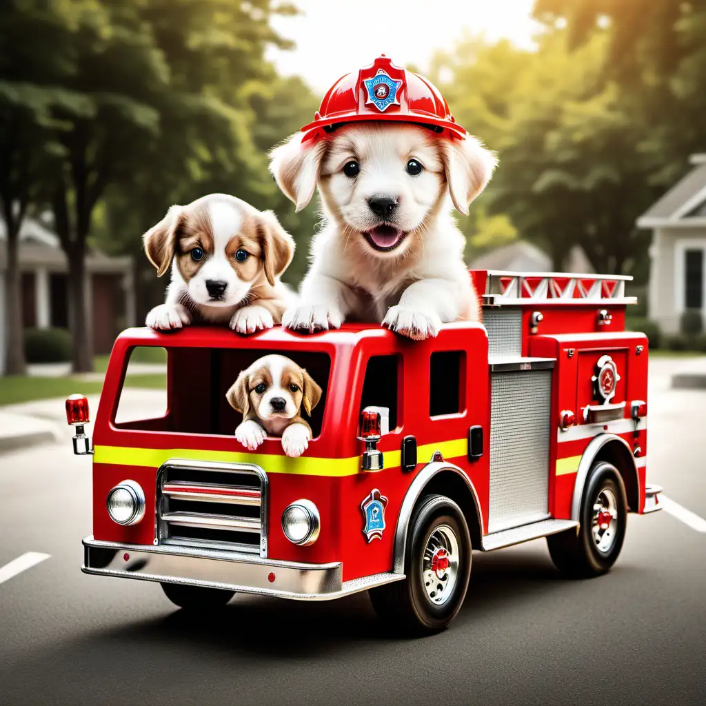 a fun looking firetruck with a puppy. the target audience is kids