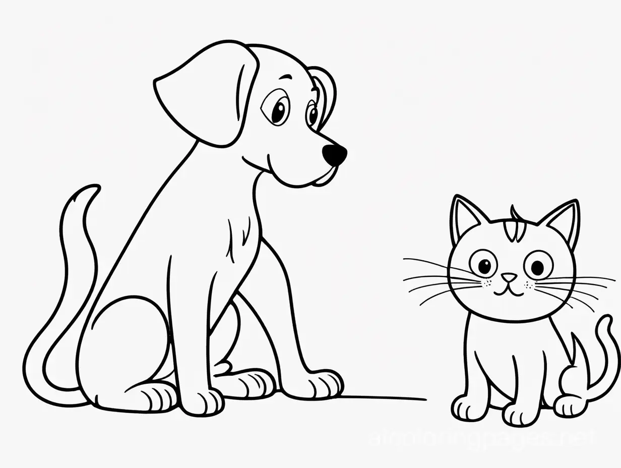 Draw a dog and a cat leading each other by their paws. , Coloring Page, black and white, line art, white background, Simplicity, Ample White Space. The background of the coloring page is plain white to make it easy for young children to color within the lines. The outlines of all the subjects are easy to distinguish, making it simple for kids to color without too much difficulty
