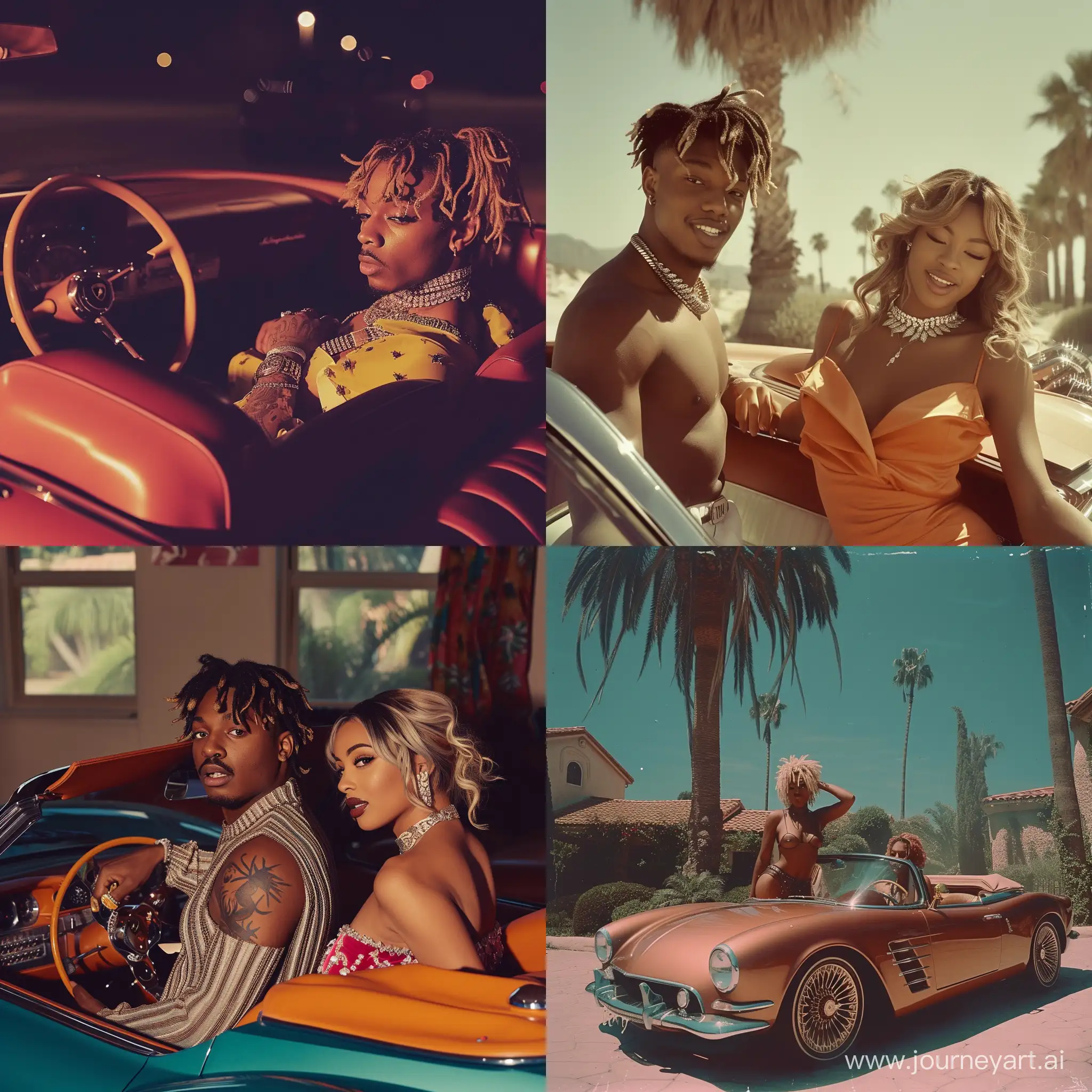 A 1950s Photograph of juice WRLD in a vintage lamborghini.With a Glamorous Woman.