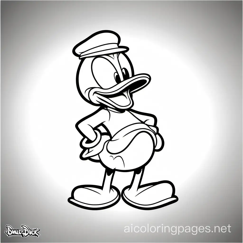 donald duck, Coloring Page, black and white, line art, white background, Simplicity, Ample White Space. The background of the coloring page is plain white to make it easy for young children to color within the lines. The outlines of all the subjects are easy to distinguish, making it simple for kids to color without too much difficulty