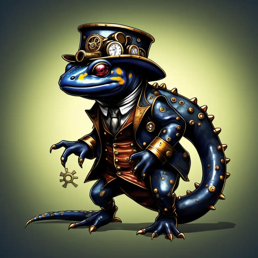 a salamander for a board game, steam punk theme, black colored skin, full body