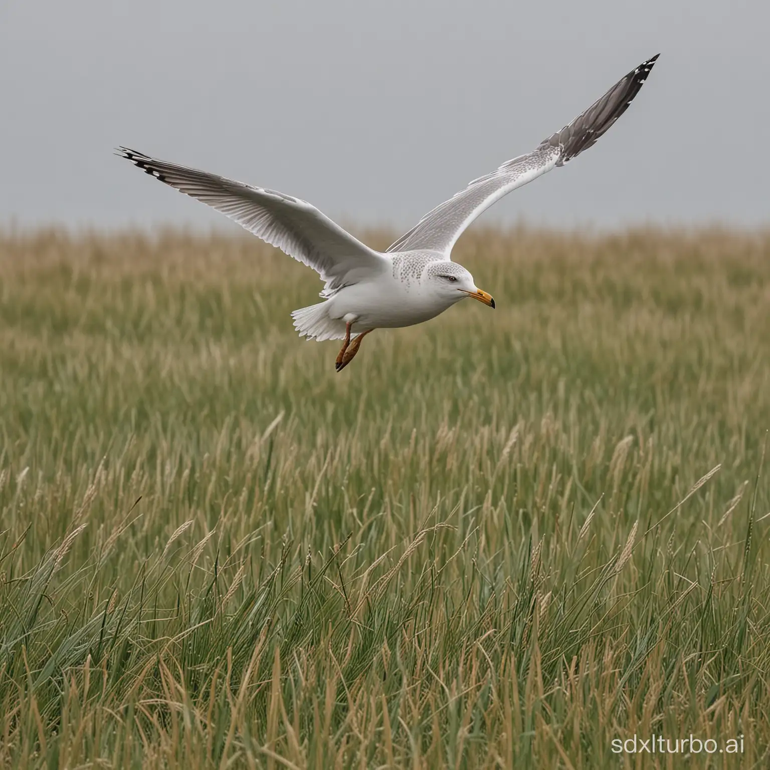 A solitary seagull swoops low across a windswept field, wings outstretched, captured in motion, grass sways beneath, overcast sky, sense of freedom, spirit captured mid-flight, Sony A9 II, 400mm lens at f/4, 1/2500 shutter speed, --style random --stylize 100 --weird 750 --ar 16:9 --v 6