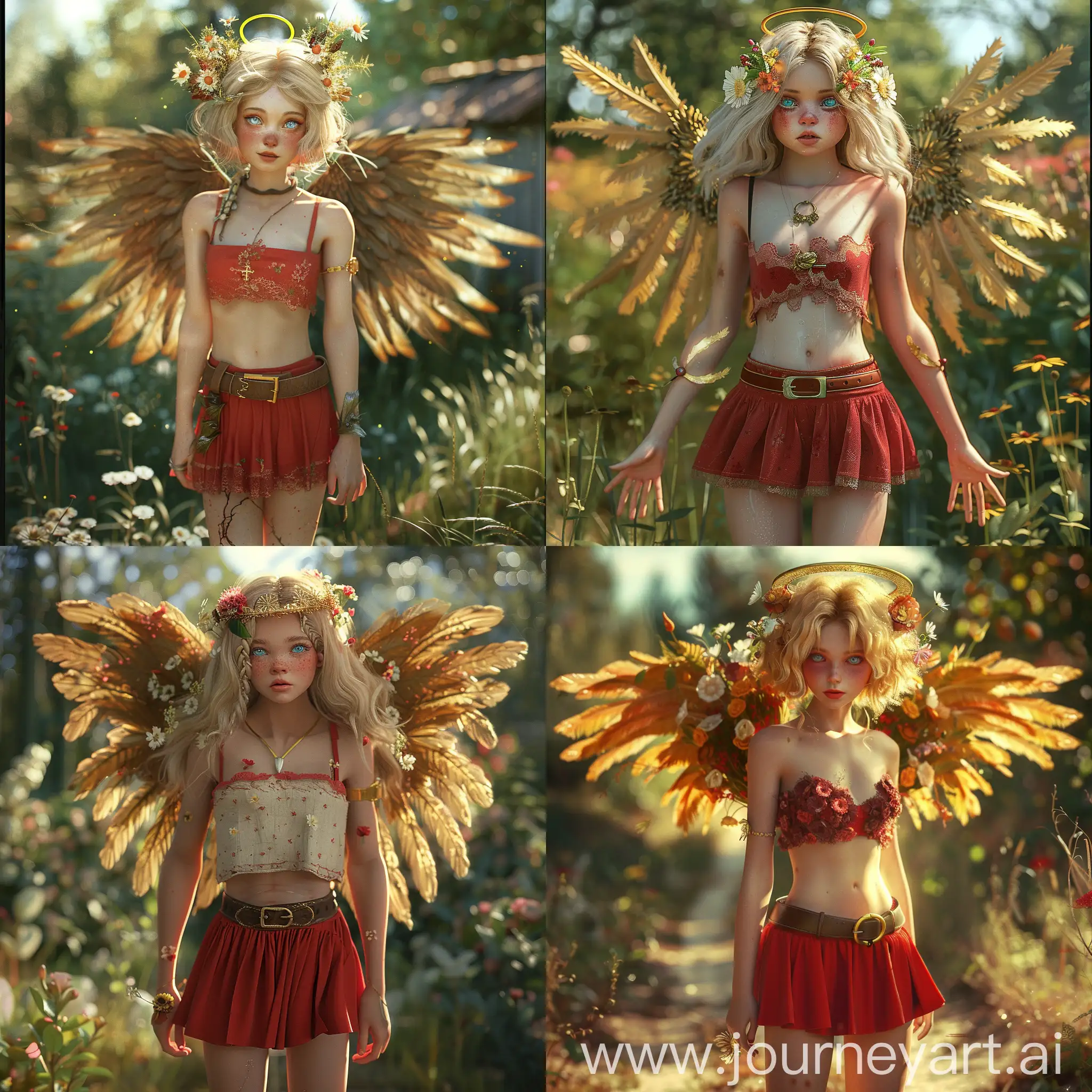 1 girl, solo, hyper-realistic,beautiful, cute, blush, fair hair, flowers in hair, sky blue eyes, golden halo, wearing red skirt, short skirt, belt with buckle, have golden feathered wings, bare legs, bare feet, full body, outside, garden
