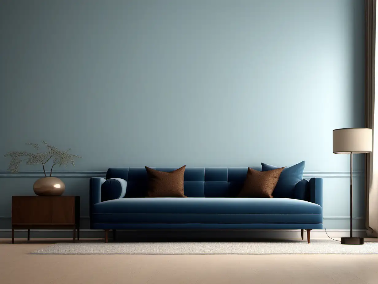 Commercial Photography, modern minimalist living room interior with blue sofa and brown floor lamp.