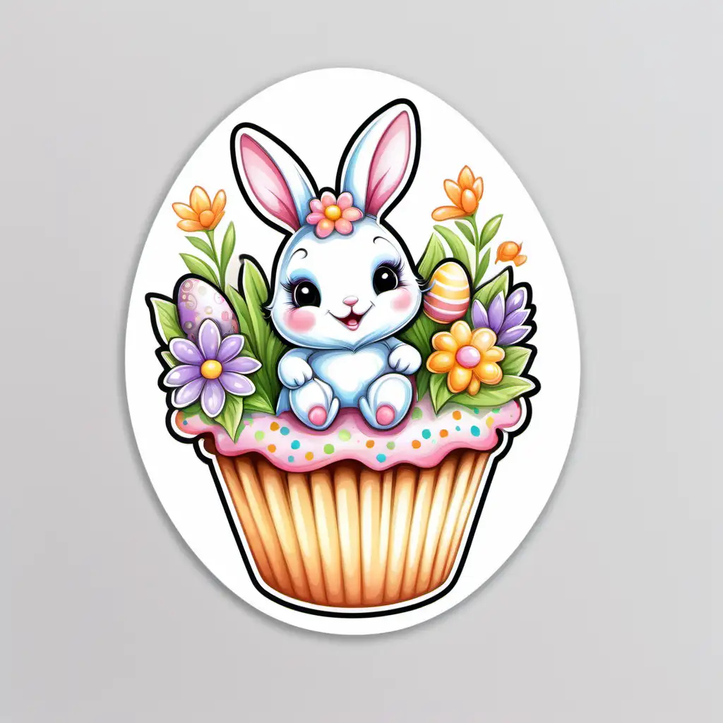 fairytale,whimsical,
COLORFUL 
cartoon,EASTER BABY BUNNY STICKER, spring flowers ,DECORATED CUPCAKE,
bright pastel, white background,