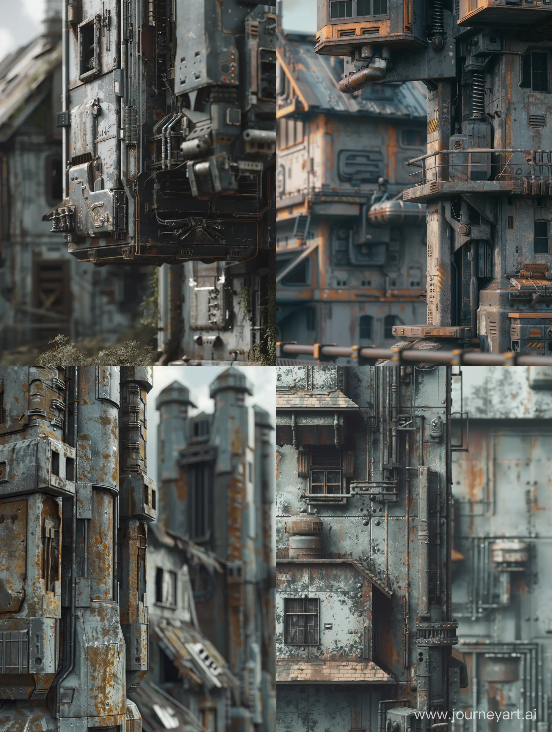 post-apocalypse, brutalism. front view. building. with a house in the Old Russian style. details of the Tower of the future. cyberpunk. metal and concrete. minimalism in close-up. post-apocalypse, brutalism. 8k. photorealism, unreal engine