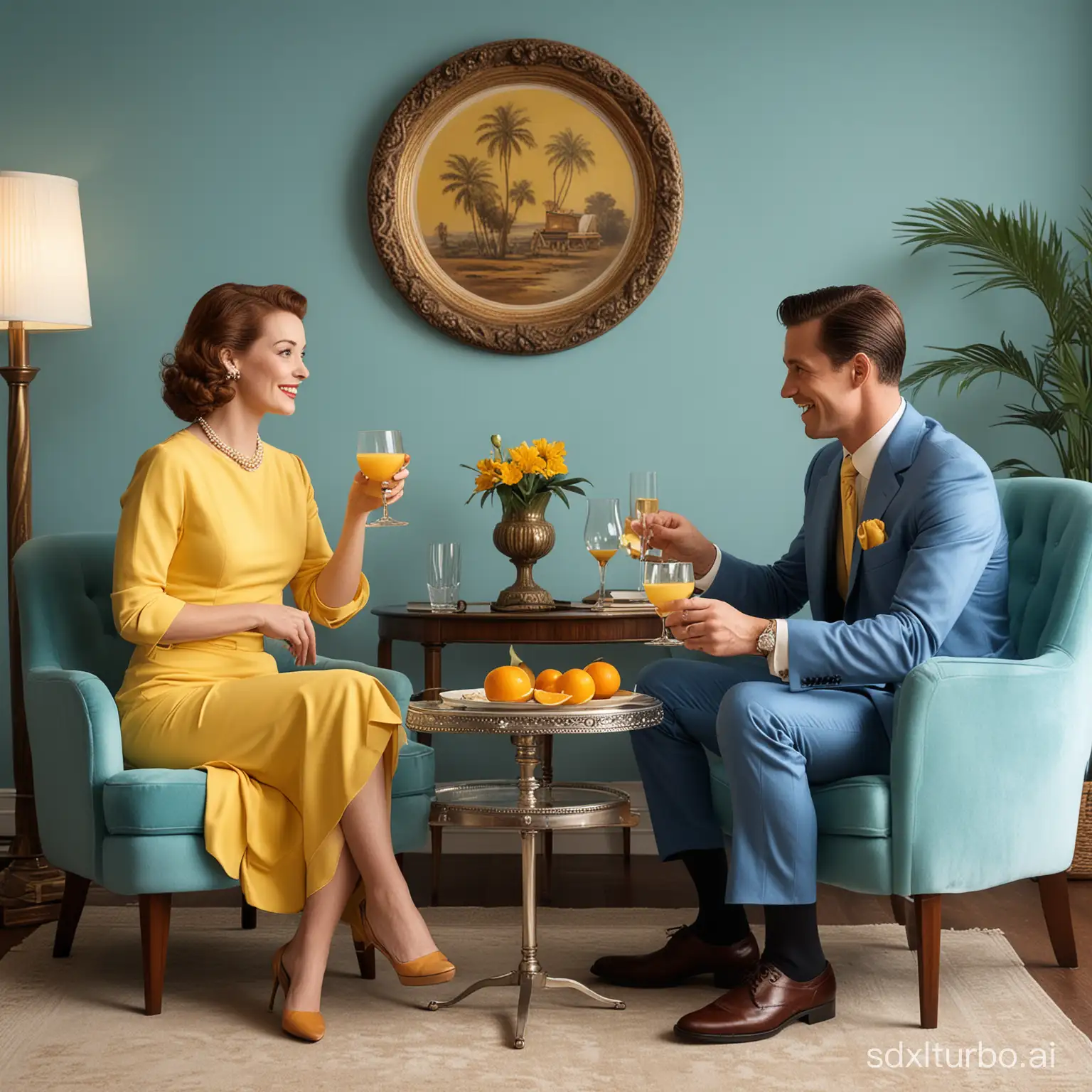 A 1950s-style living room scene depicted in vibrant colors, with a sophisticated and cheerful ambiance. The room has pastel blue walls, with elegant vintage decor including framed art, decorative wooden wall elements, and a glass round table with a reflective surface. On the table, a large ornate silver serving pot and a fancy stemmed glass filled with a yellow beverage, exuding a sense of luxury and a bygone era. Two stylishly dressed individuals, a man in a sharp blue suit and a woman in an elegant yellow dress, are sitting comfortably in mid-century modern blue chairs, engaging in a lively conversation and toasting with orange juice in their hands.
The woman is on the right and the man on the left