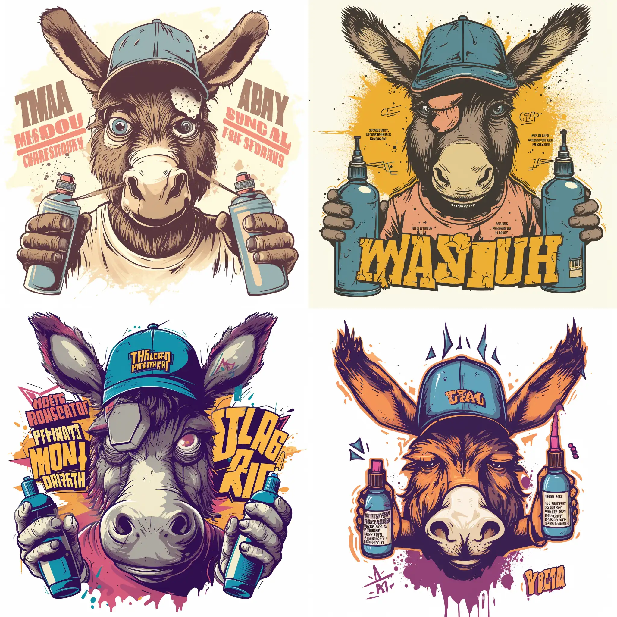 Action: Generate a creative and impactful vector illustration evoking a sense of humor, amusing illustrative graffiti with supporting puns. 

Main Model instruction: A donkey head that wear a cap to cover half of his eye. That donkey hold two spray bottle with two hands. Eliminate the rest of the body part, keep those spaces blank.

Typography: Take it Easy. Never put any other additional texts or words. Each of the words or texts should be easily readable from a distance. Some parts of sentences should be contrastingly, possibly smaller and in a more whimsical or casual font. 

Fonts Instructions: Select, Implement and placement a font that is prominent, legible, and styled in a bold, assertive font, reflecting the strong statement of the phrase. The words or texts should be in a bold, prominent font, drawing attention to it as a key part of the main message.

Color: Stick to the traditional color scheme in White background to reflect the better exposure setting.

Design Composition: The overall layout should be balanced and aesthetically pleasing, with a clever use of spacing, symmetrical and well-aligned accordingly. Ensure the final design edges not cut off or side off. Never use any mockup, just create the artwork with a perfect blank space all the edges. 