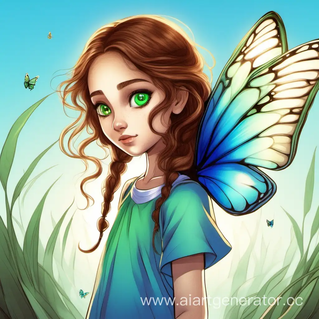 A light-skinned, green-eyed, brown-haired girl with blue butterfly wings