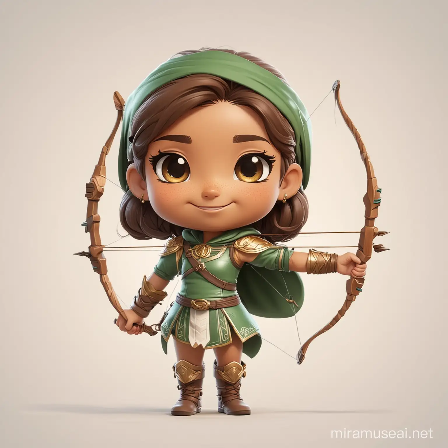 female child archer smiling medium brown skin wearing green on a white background full body chibi style