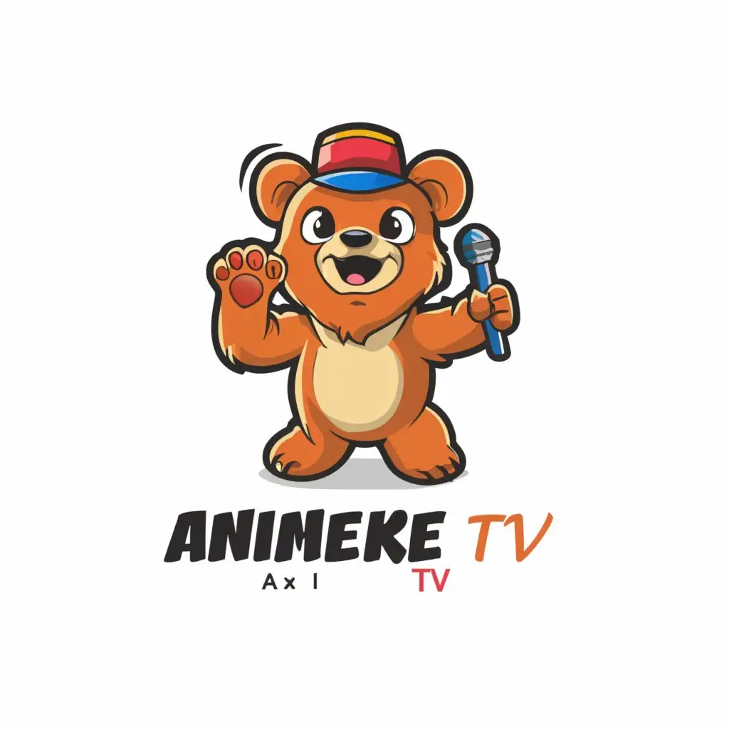 LOGO-Design-For-Animeke-TV-Playful-Bear-Holding-Microphone-for-Entertainment-Industry