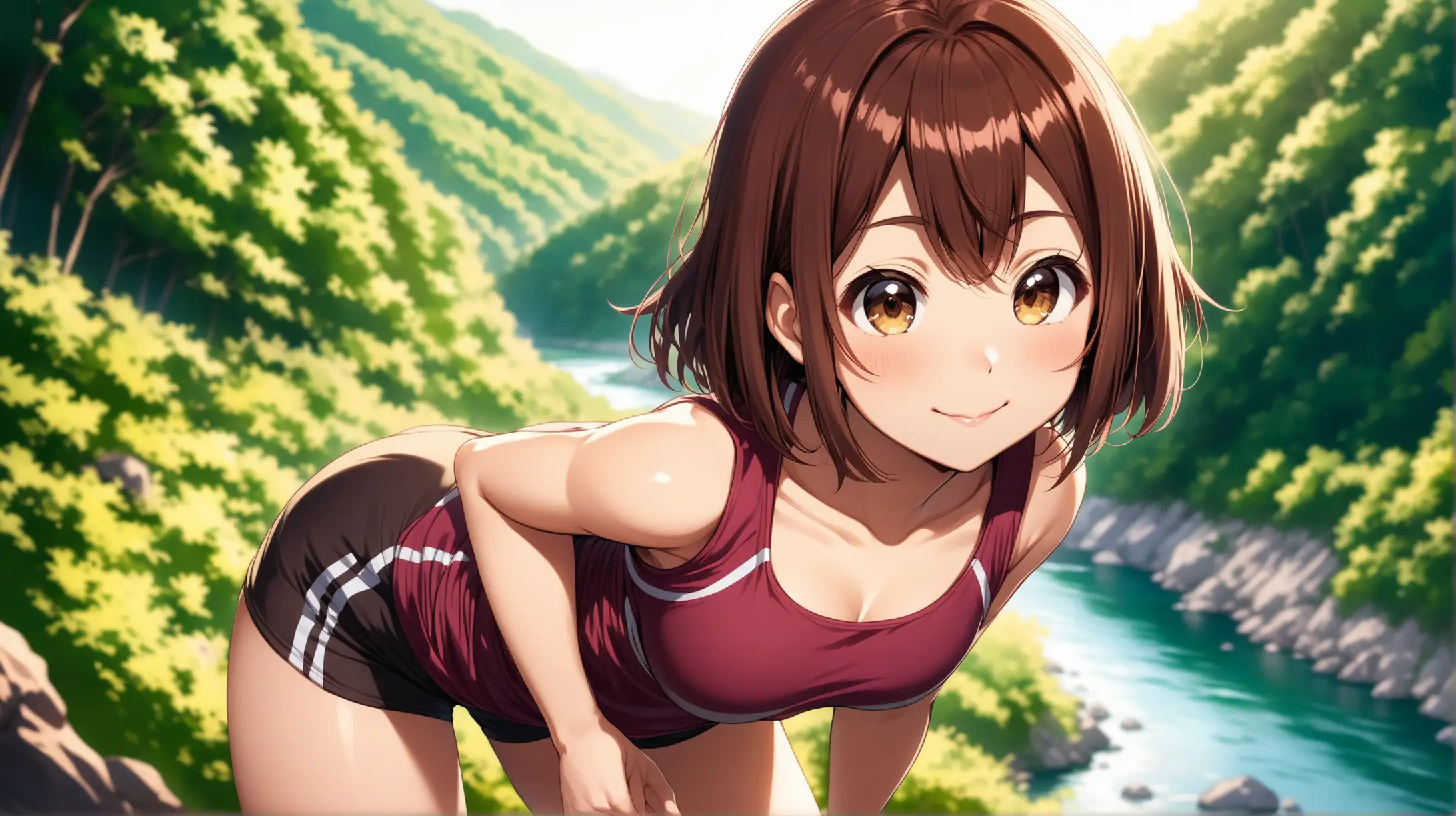 Draw the character Ochaco Uraraka, brown hair, dark brown eyes, high quality, long shot, ambient lighting, outdoors, hiking trail, river, seductive pose, athletic outfit, closed-lip smile