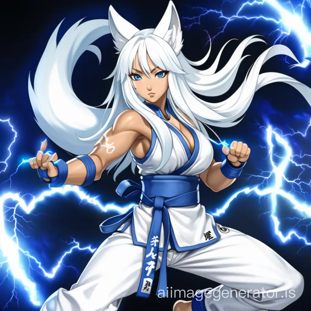 anime-style, full body, athletic, muscular, tan skin, adult, asian woman, long white hair, white fox ears, white fox tail attached to her waist, fierce blue eyes, wearing a white and blue martial arts gi, white chestwrap, baggy white martial arts pants, dynamic, blue fistwraps, blue footwraps, using lightning magic, surrounded by lightning, japanese castle, night, full moon