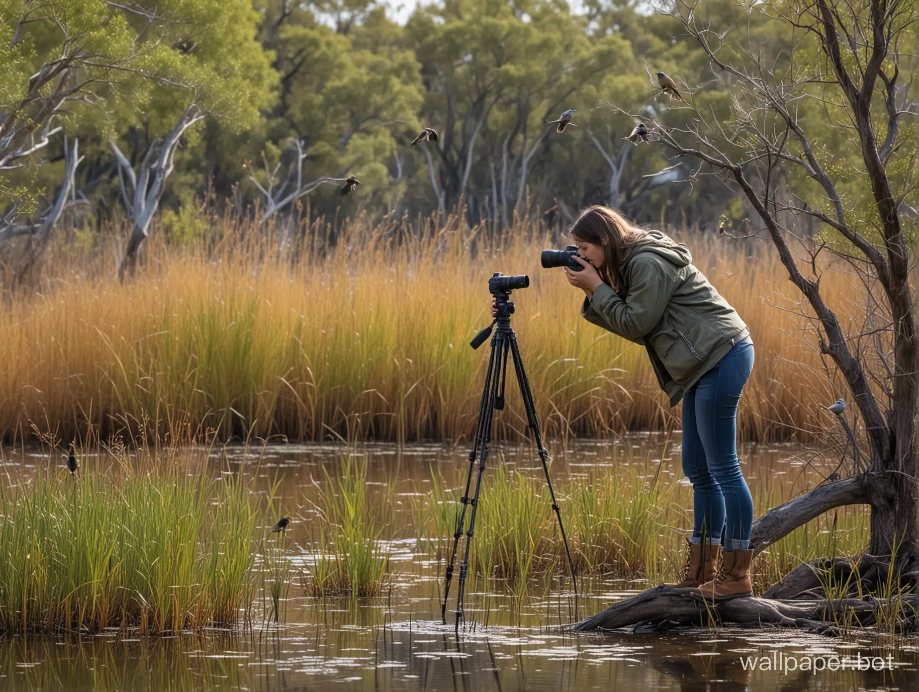 Girl photographer photographing bird life in the wetlands. full body view, native trees, bushes, birds, detailed features, sharp image.