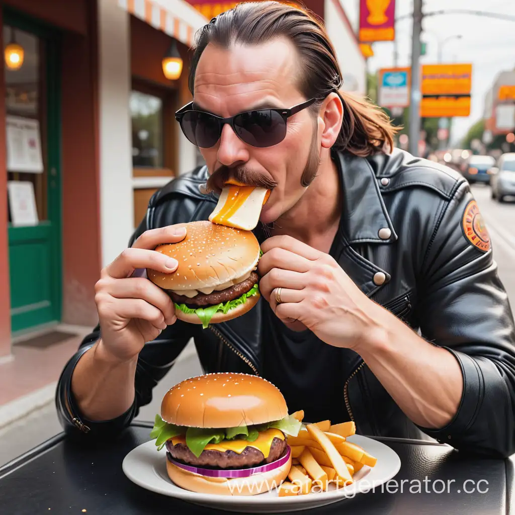 Motorcyclist-Enjoying-a-Burger-Break