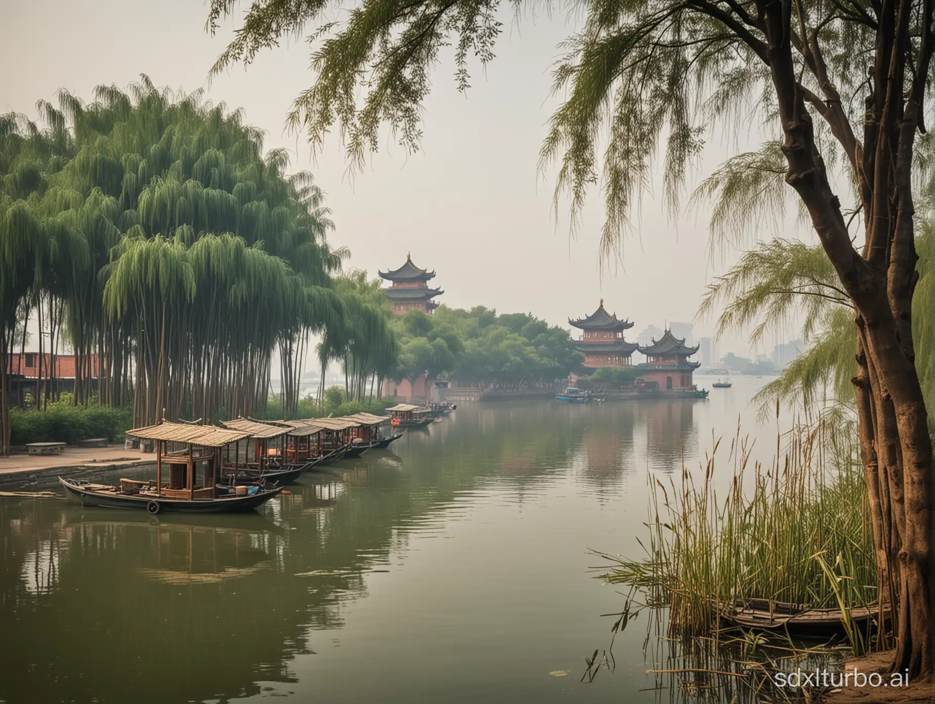 Yueyang Tower, Dongting Lake, boats, trees, reeds, Hunan, China.