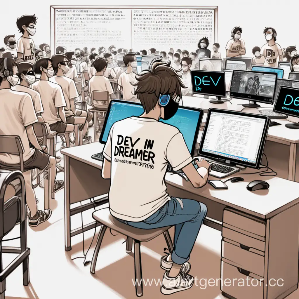 мальчик в шортах на футболке написано dev dreamer, из за всех сил сидя за мниторами пытается дописать код программы а за ним стоят толпа людей в масках на стенах написан текст dev dreamer придет за тобой
