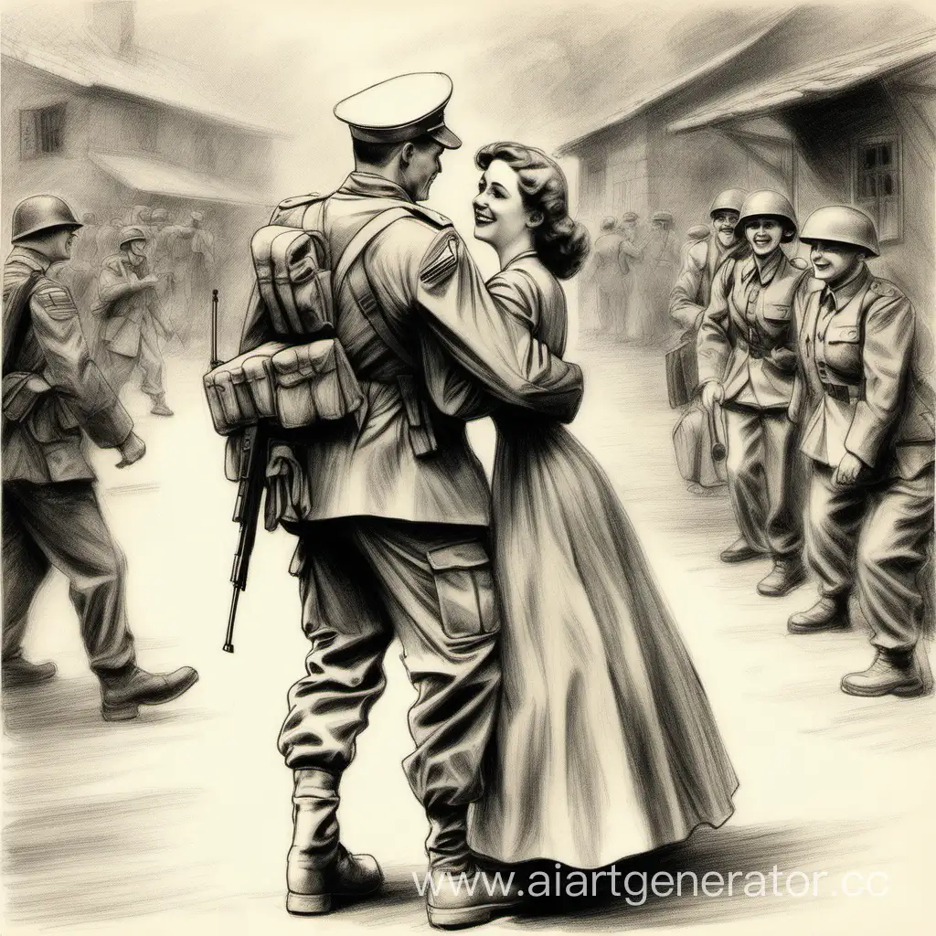 рисунок  солдат пришёл с войны его встречает жена