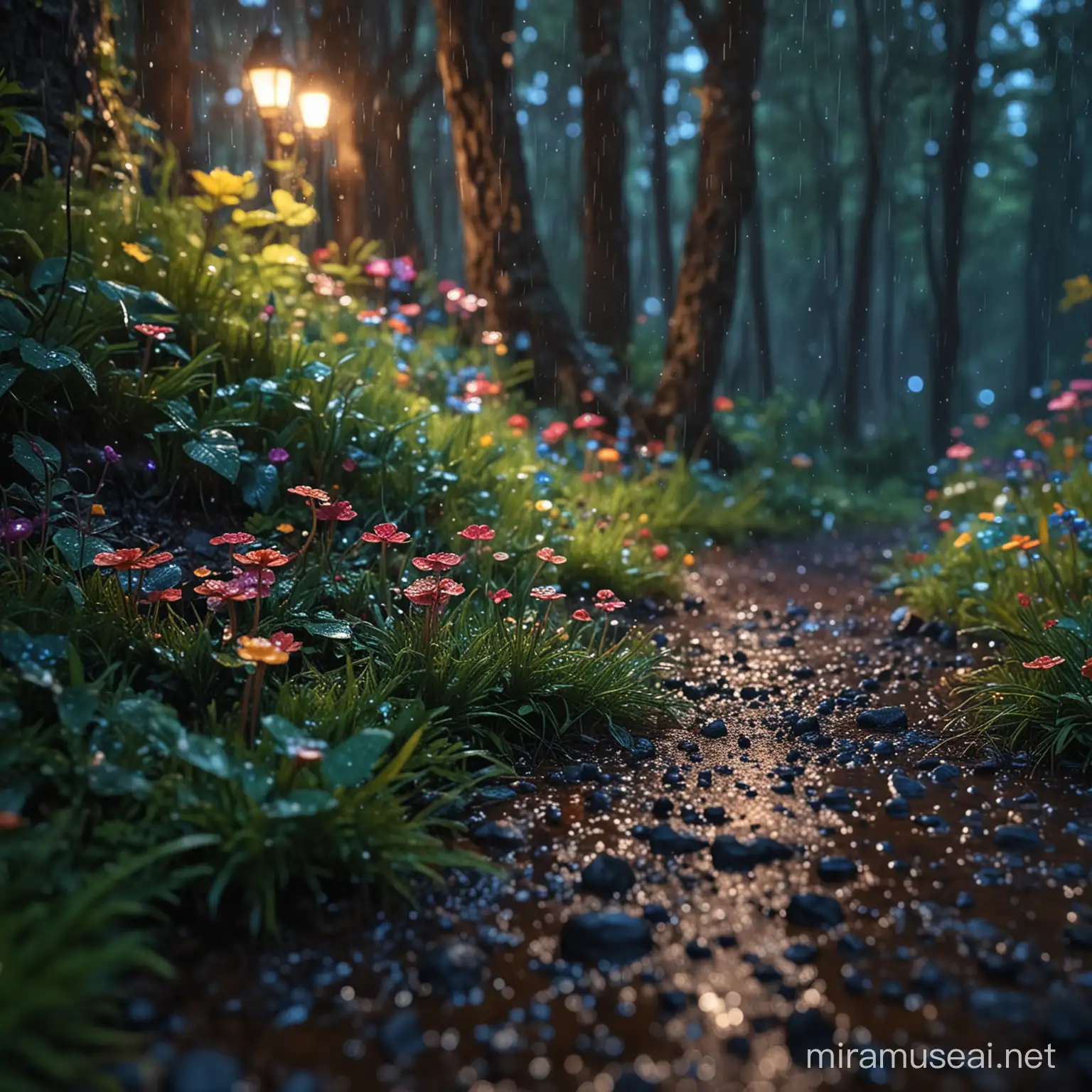Enchanted Rainy Summer Night in a Vivid Fairy Forest