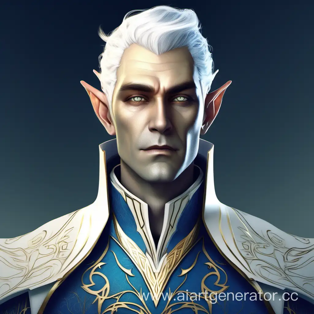 Взрослый мужчина с короткими белыми волосами, эльфийские уши, одежда с бело-сине-золотых тонах, серьезное лицо