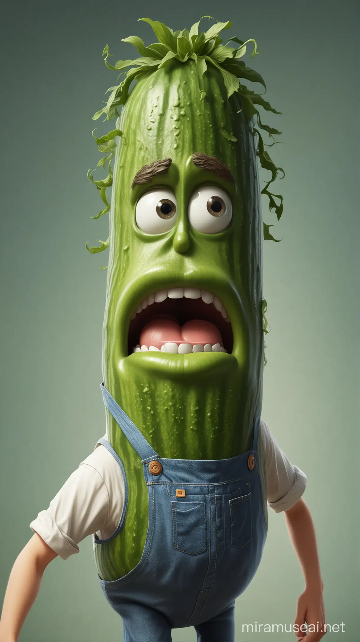 Picture a scene for a vibrant, detailed digital painting where a cartoon character, emulating a young man with a dramatic expression, is holding an oversized garden cucumber. The character has large, circular, surprised eyes and a mouth open wide in an exaggerated fashion, like a classic slapstick actor. His hair is a neat, dark shade, and he sports a styled beard and a humorous mustache. His attire consists of a white T-shirt and blue denim overalls, suggesting a down-to-earth personality or a hobbyist gardener. The cucumber is enormous, nearly the size of his torso, with a rich, verdant green hue and lighter green stripes, speckled with the characteristic bumps of a freshly picked vegetable. The background should depict a modern kitchen setting, softly out of focus, to enhance the central figure's presence. The lighting is natural and bright, casting subtle highlights on the cucumber's waxy surface. The artwork should capture a sense of wonder and whimsy, as though the character is in a lighthearted moment of shock from harvesting such a large vegetable. The overall composition should be playful, inviting a sense of joy and surprise.