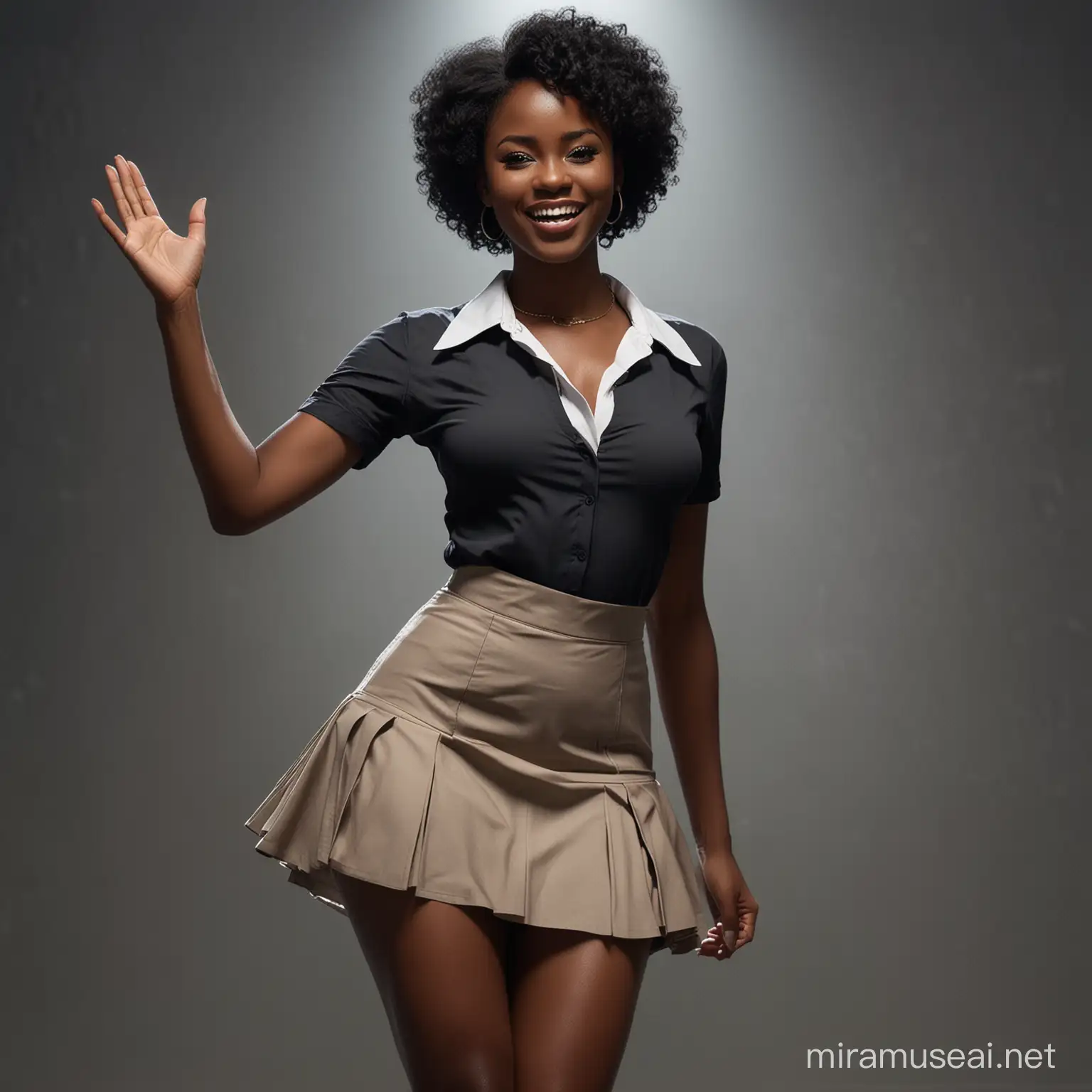 a sexy African wearing a short skirt ,full body, collar , Black hair, realistic , cinematic, low light, naught smile, giving an explore, waving her hands