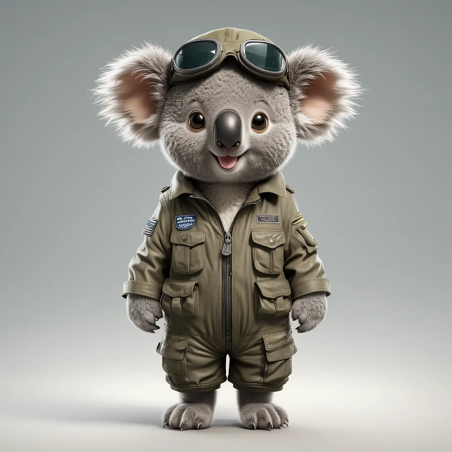 a cute happy koala in cartoon style in full body with pilot clothes with clear background
