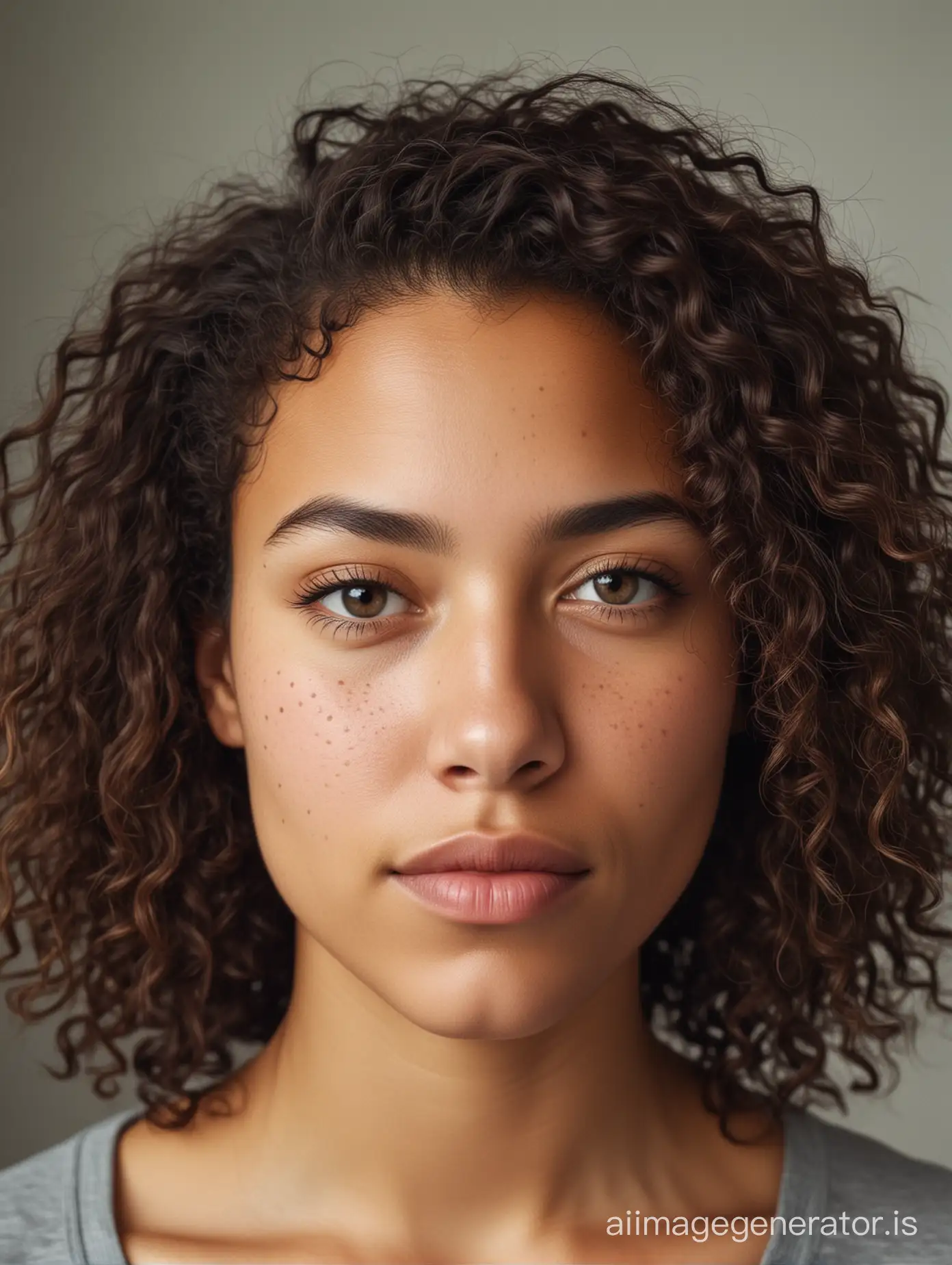I want a photo of an identity of a mixed-race woman who doesn't look straight and serene