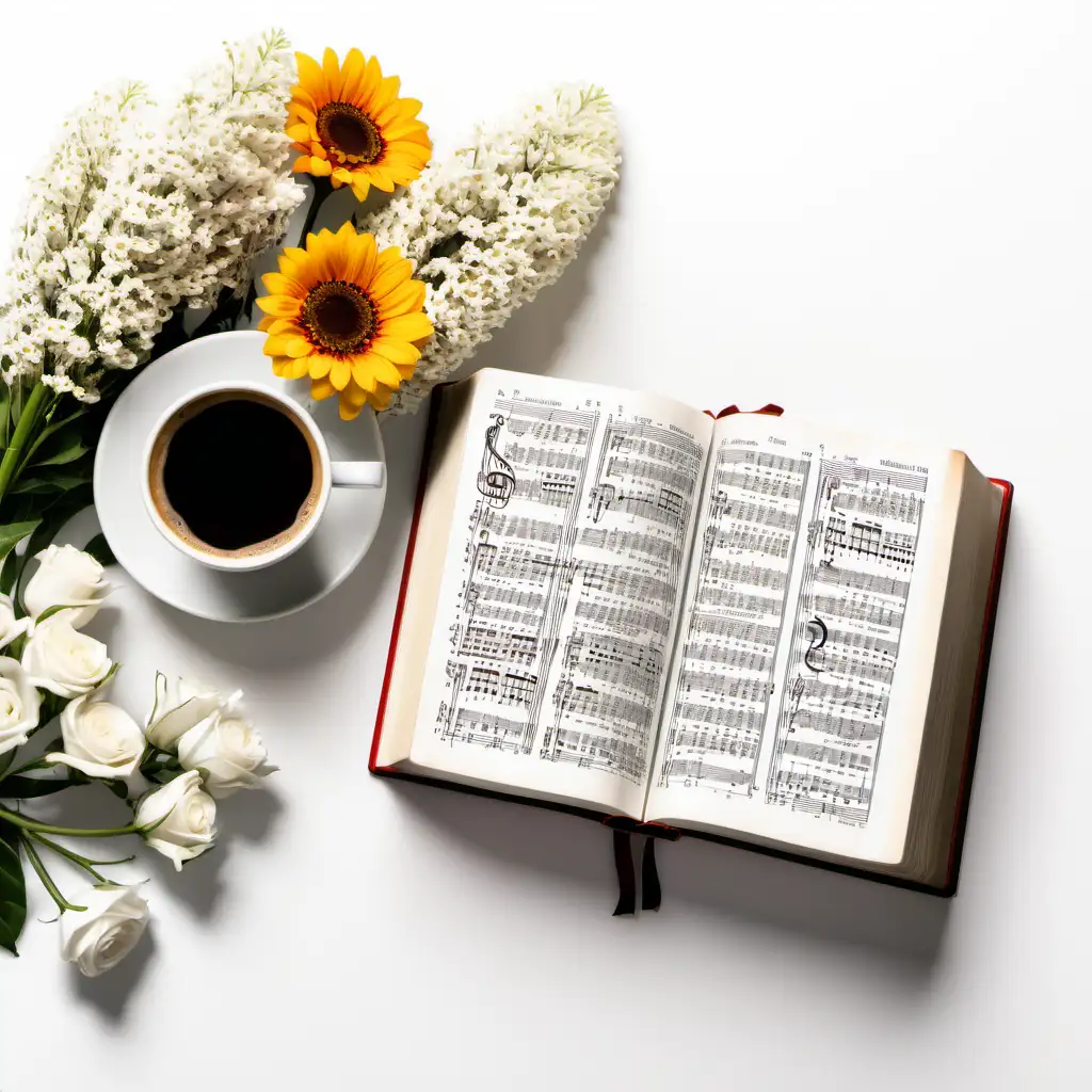 bible, coffee, music, flowers - white background