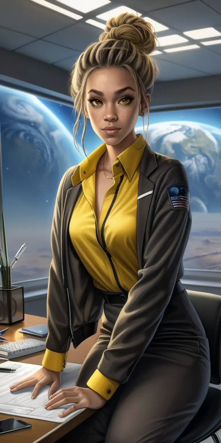 young adult woman, very light skin, dark gray eyes, bronze hair in a messy bun, yellow formal dress shirt, black dress pants and jacket, sitting on top of a desk in an science fiction office, earth in the window of space