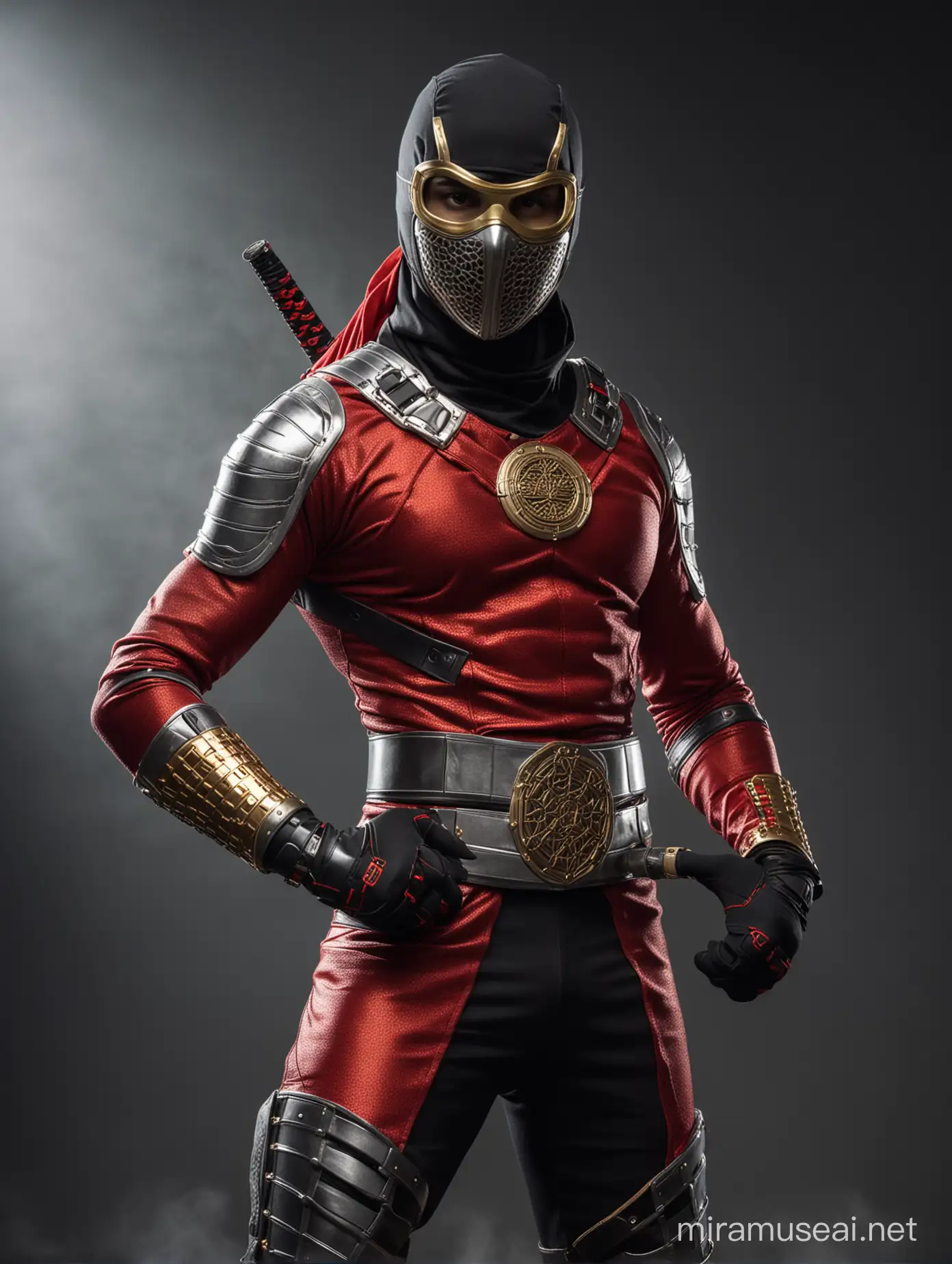 urban ninja, sleek, red and silver colour scheme, head to toe, gold accents, gold illuminated medallion on chest, silver mesh on arms, mask, cinematic promo shot, full body