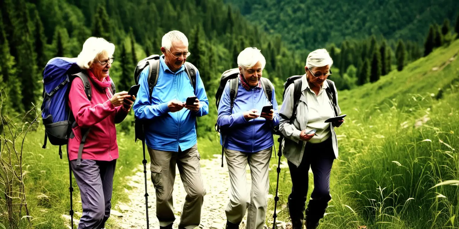 long shot: senior people hiking in the nature using mobile app