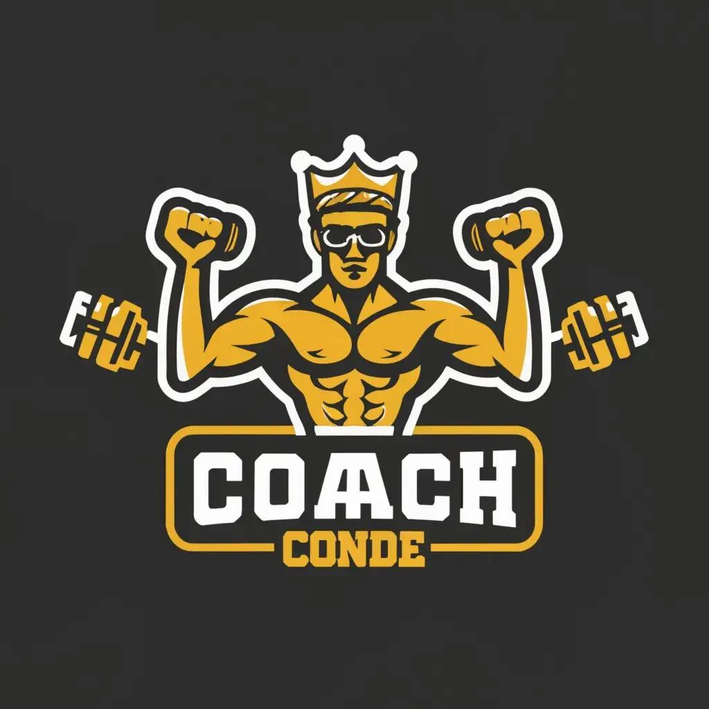 a logo design,with the text "Coach Conde", main symbol:A bodybuilder with a crown and glasses,Moderate,be used in Sports Fitness industry,clear background