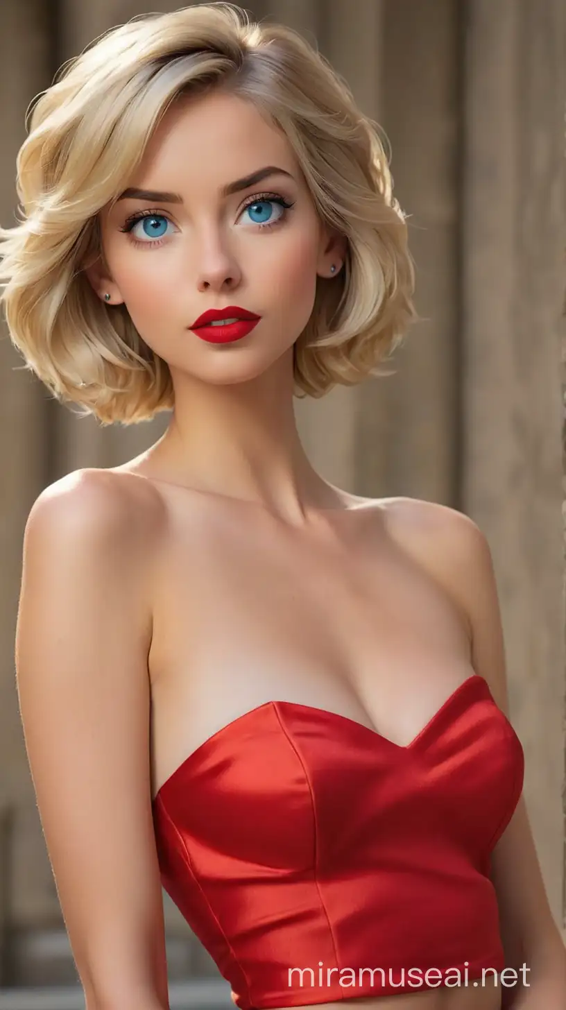 Elegant Topless Woman in Red Satin Skirt Captivating Beauty in Minimalist Fashion