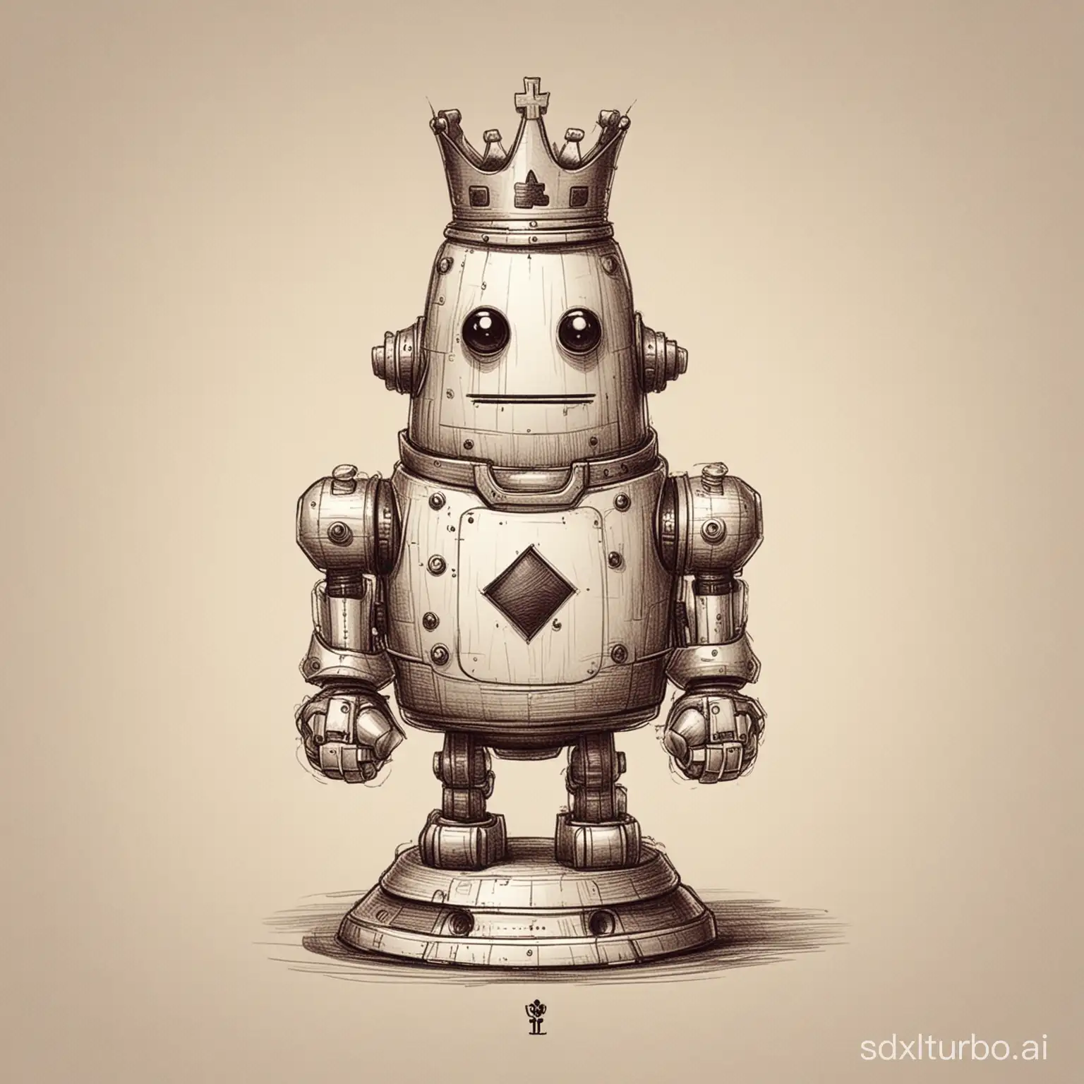 画一个国际象棋机器人，角色是国王，底部圆形，具有国际象棋和机器人双重特征，造型可爱一些