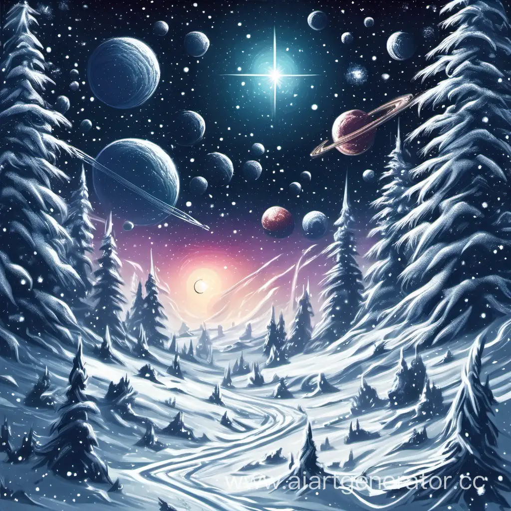 Cosmic-Winter-Wonderland-Space-Explorers-Amidst-Celestial-Ice-and-Snow